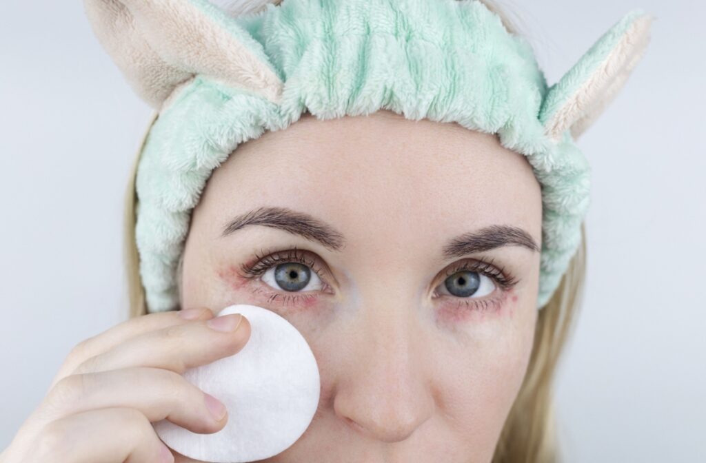 A close-up of a person removing their makeup with a cotton pad. There is visible skin irritation under their eyes