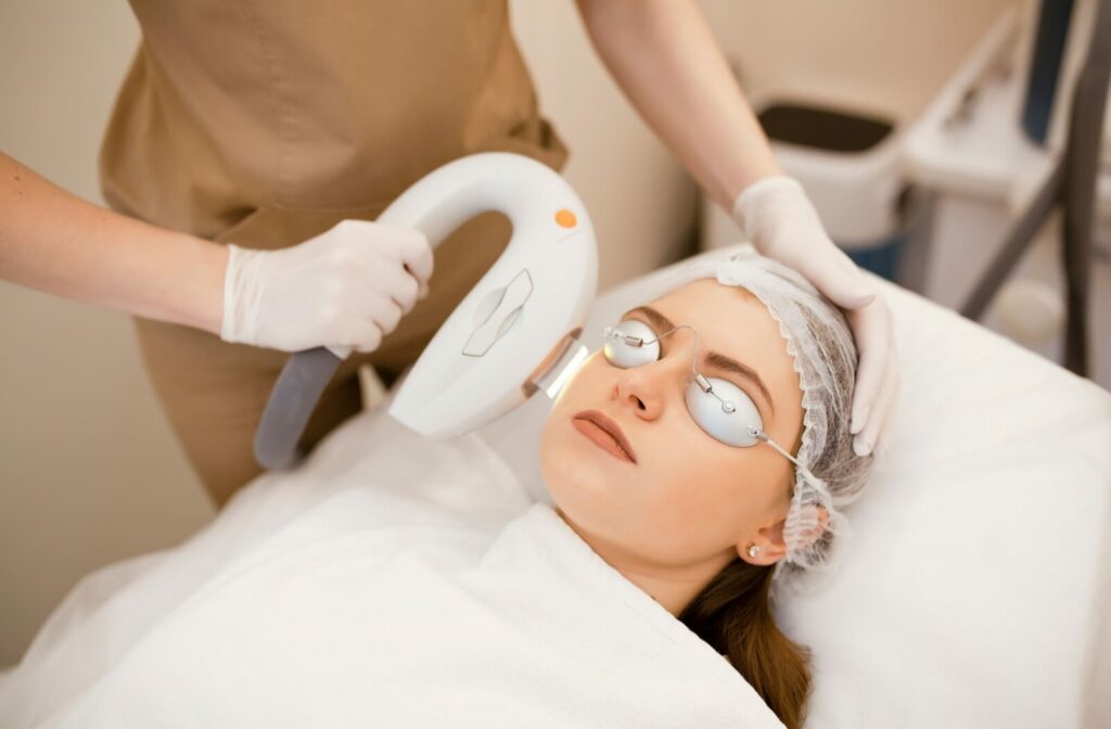 A patient getting IPL therapy to help with dry, tired looking eyes.