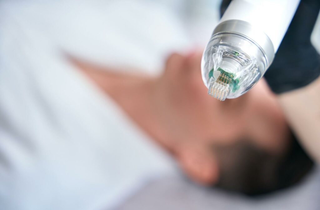 Close-up of an RF microneedling device being held by a practitioner.