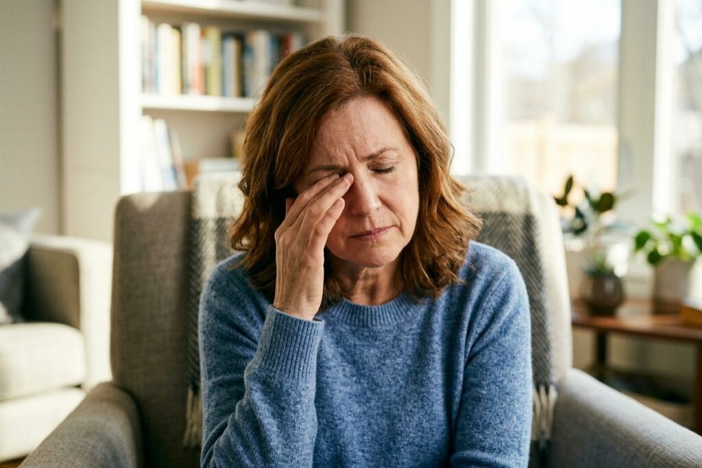 A person is sitting on the couch with rubbing her eyes
