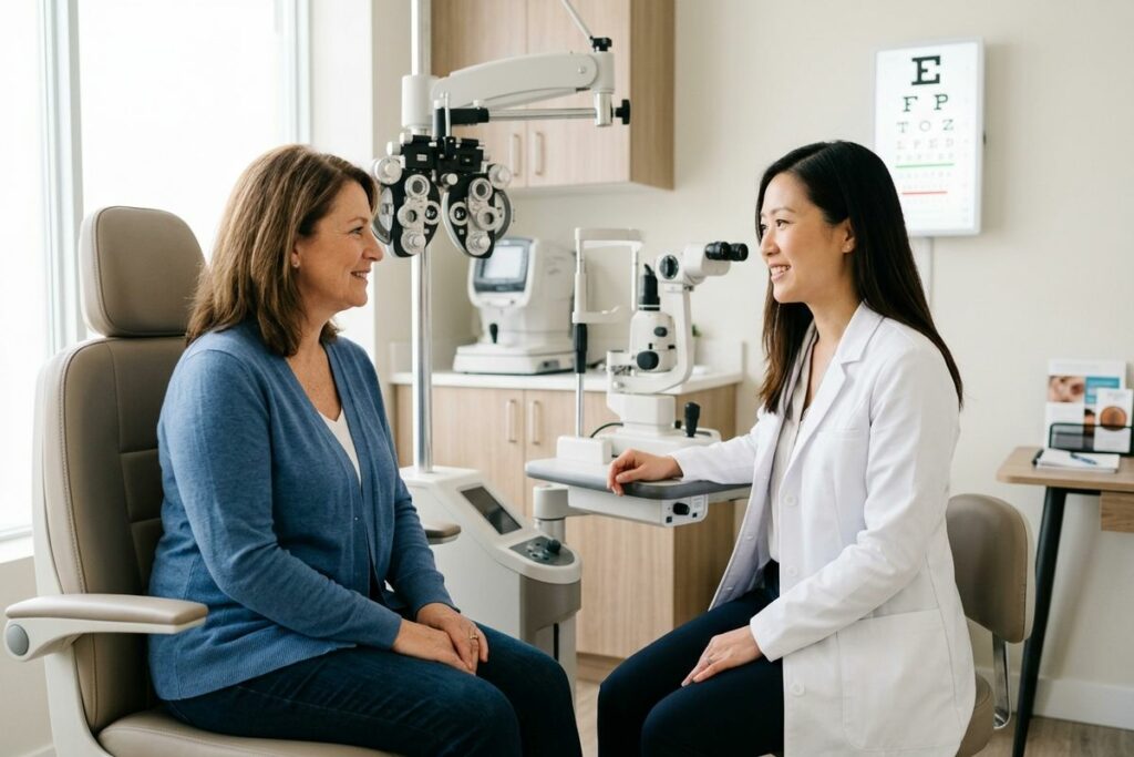 eye doctor is consulting with the patient at the clinic