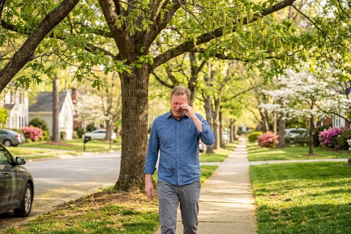Adult in a blue shirt walking on a neighborhood sidewalk, rubbing one eye, under blooming trees.