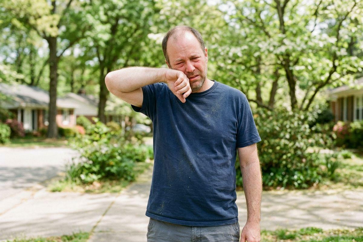 Adult in a blue T-shirt dusted with yellow pollen rubbing one eye with a forearm, standing on a driveway among green trees and houses.