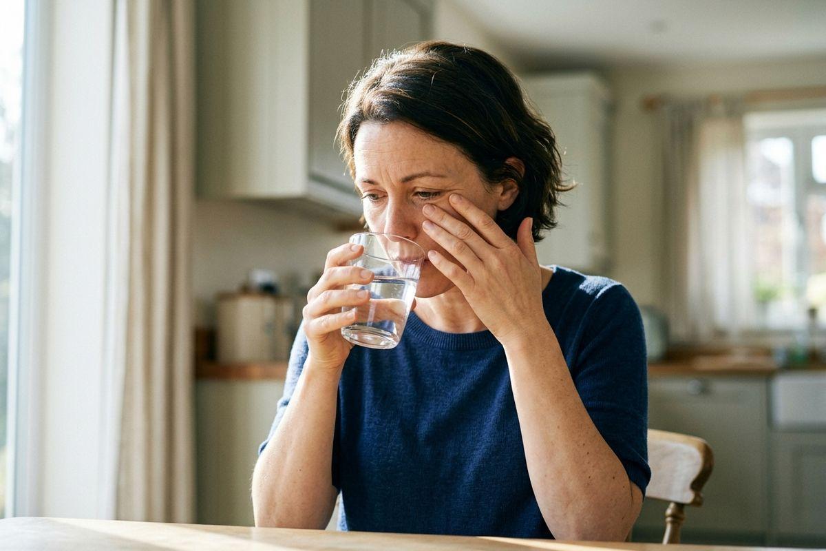 Adult sitting at a kitchen table holding a glass of water, touching their face and looking down with a pained expression.