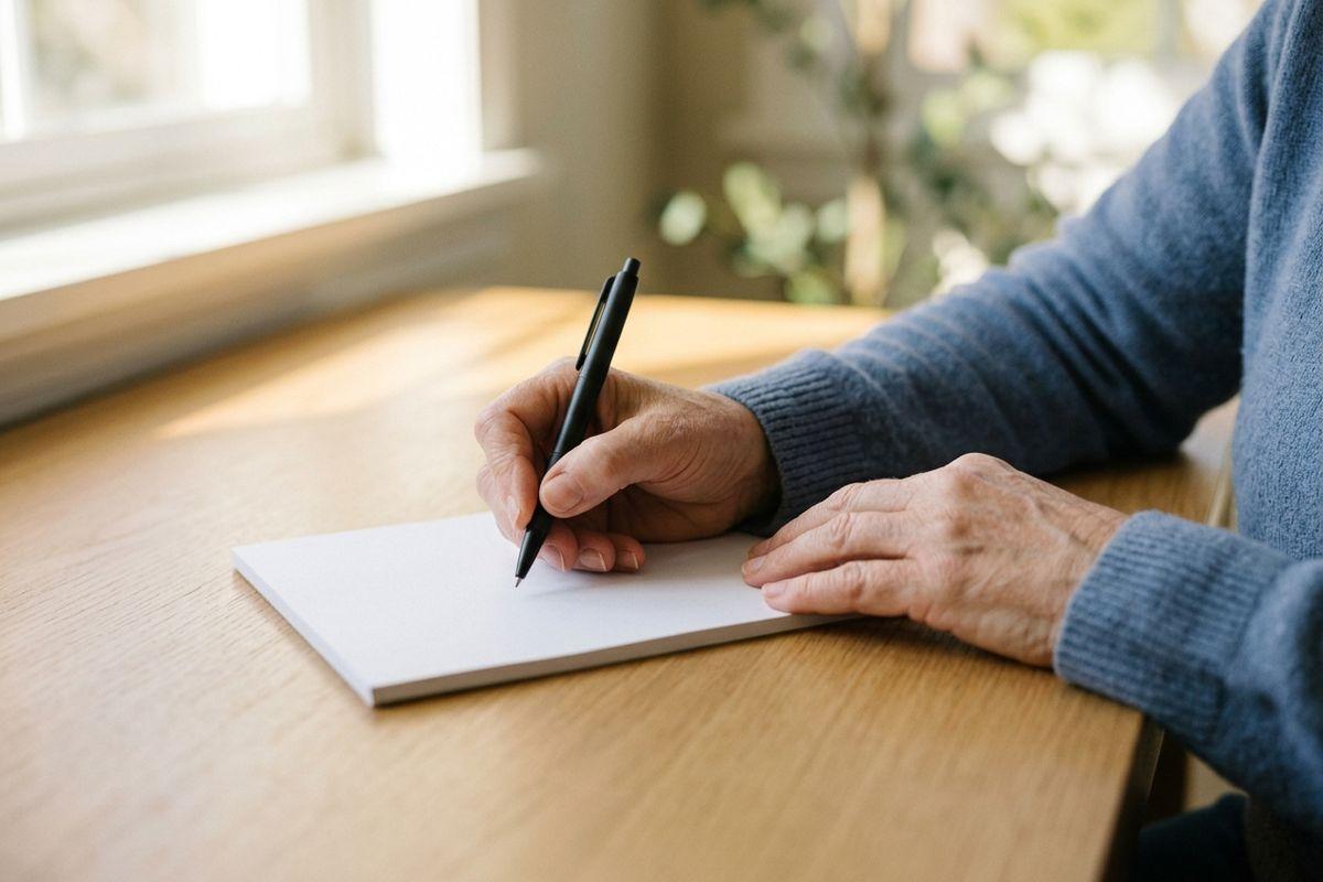 Close-up of an older adult's hands in a blue sweater, holding a black pen over a blank notepad on a wooden table by a window.