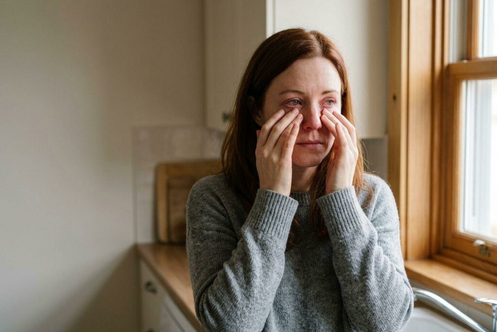Person in a grey sweater rubbing both eyes with their fingers while standing in a kitchen beside a window.