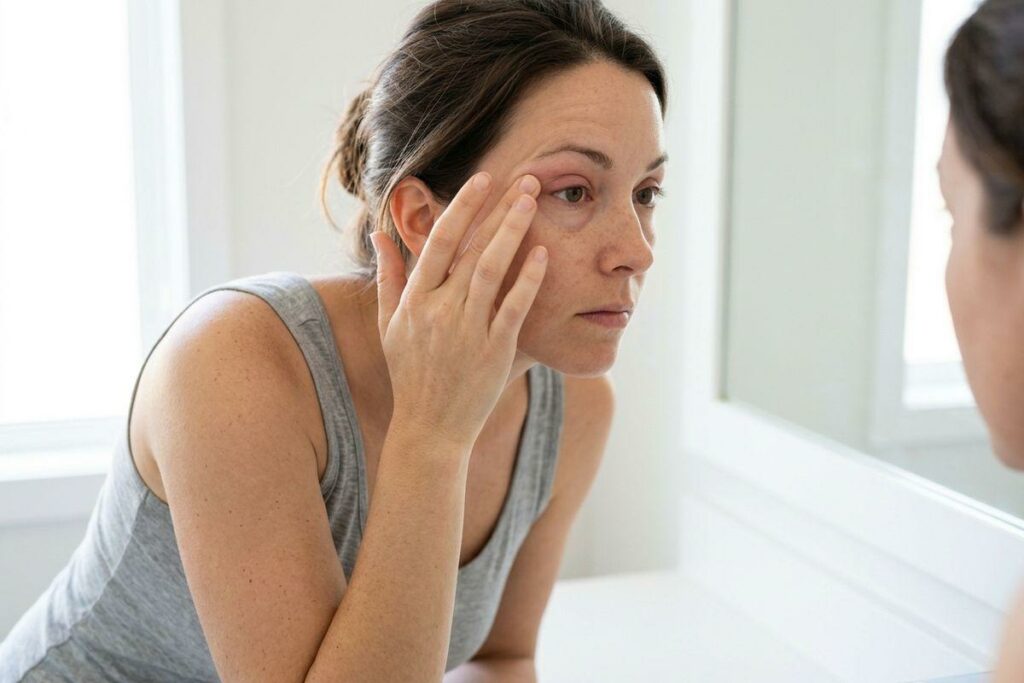 Person in a grey tank top leaning toward a mirror, touching the skin beside one reddened eye with fingertips, looking closely.