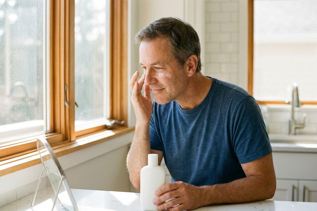 Adult in a blue T-shirt applying white cream to their cheek while looking into a small standing mirror at a sunlit counter, holding a bottle.