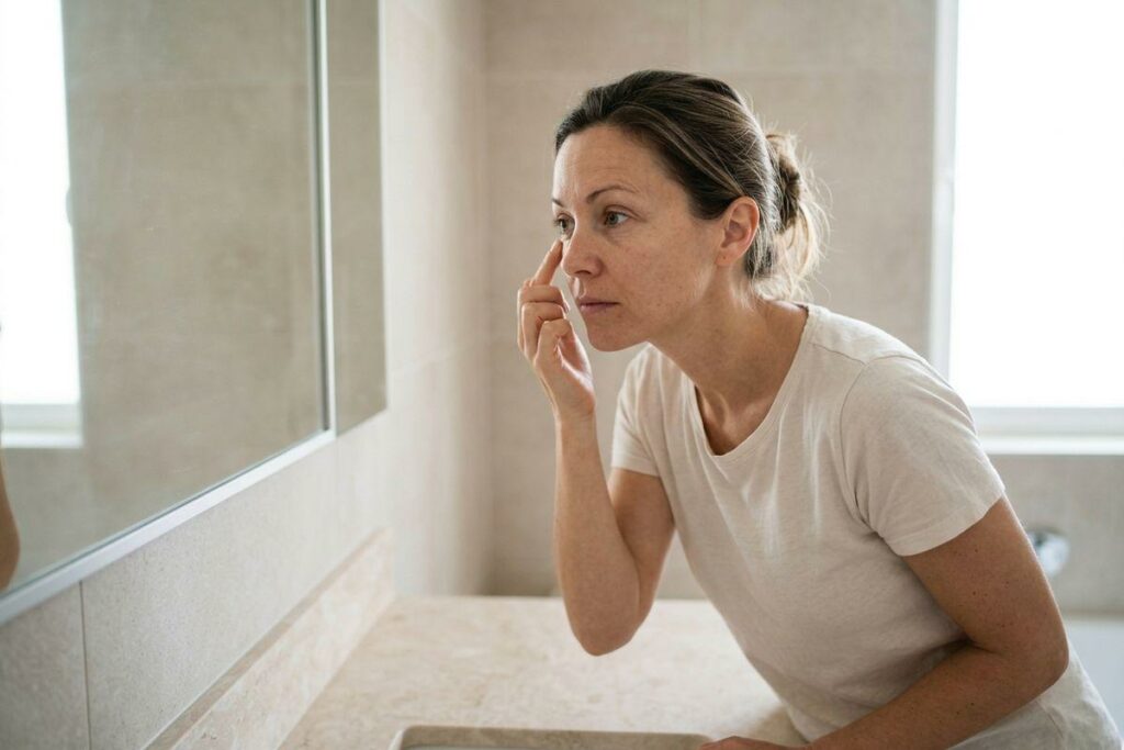 Adult leaning over a bathroom counter, touching the skin under one eye while looking into a mirror with a focused expression.