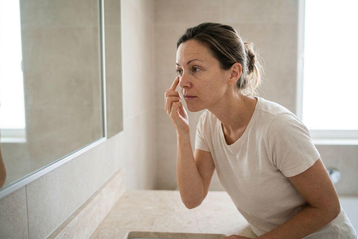 Adult leaning over a bathroom counter, touching the skin under one eye while looking into a mirror with a focused expression.